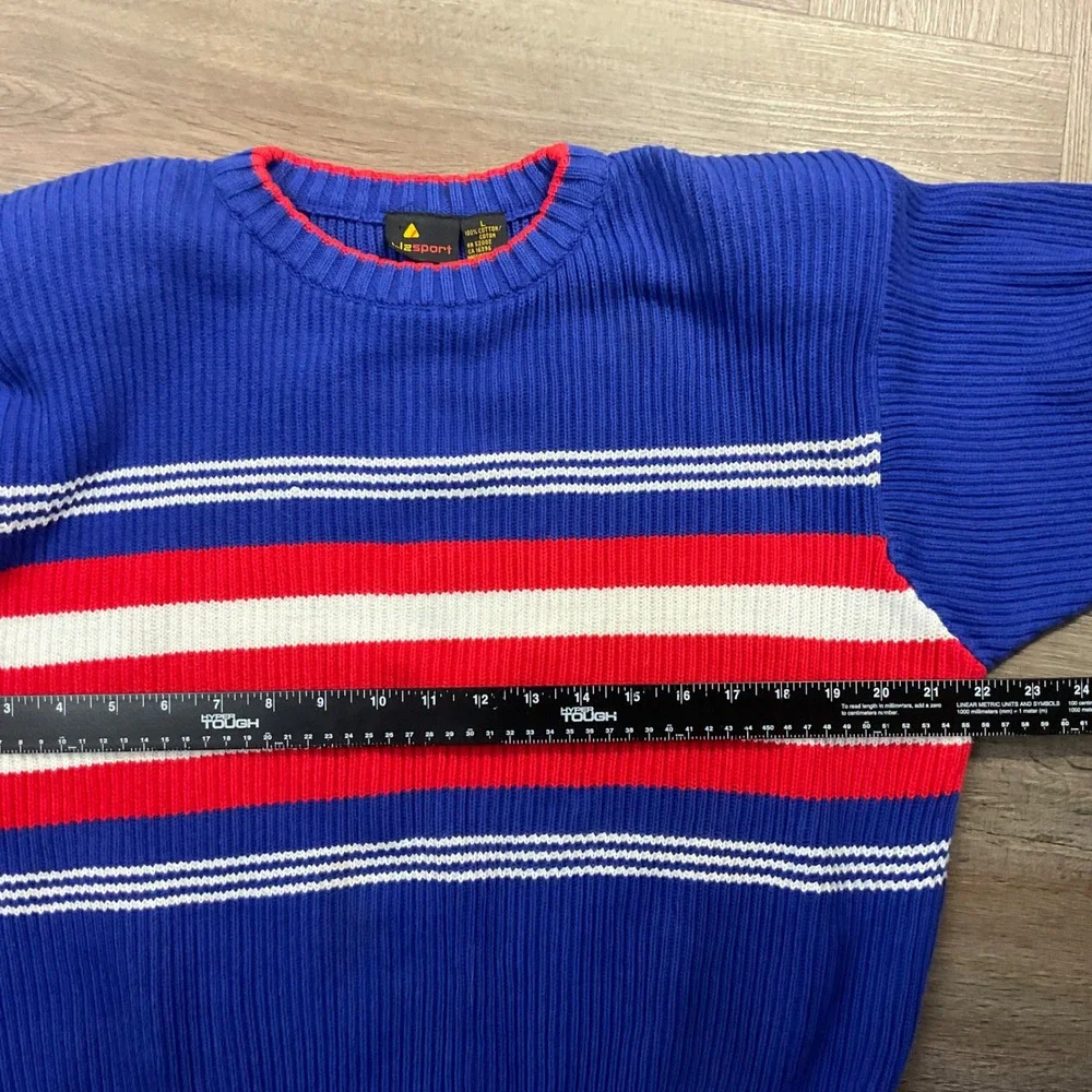 Vintage 90s‎ Lizsport Striped Ribbed Knit Cotton Sweater Womens Large Blue Red